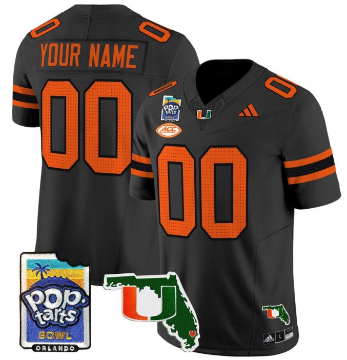 Custom Adidas Miami Hurricanes Jersey Name, Number 2025 PopTarts Bowl Patch College NCAA Football Black