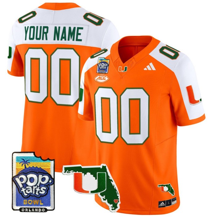 Custom Adidas Miami Hurricanes Jersey Name, Number 2025 PopTarts Bowl Patch College NCAA Football Orange Alternate