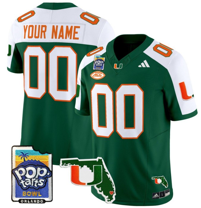 Custom Adidas Miami Hurricanes Jersey Name, Number 2025 PopTarts Bowl Patch College NCAA Football Green Alternate