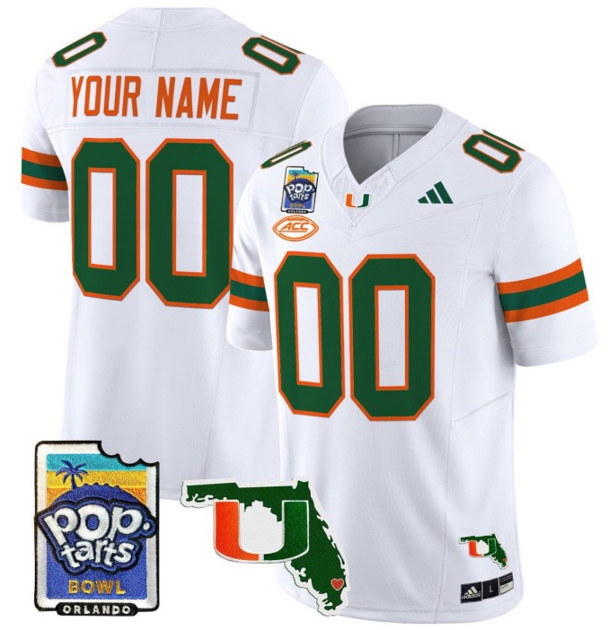 Custom Adidas Miami Hurricanes Jersey Name, Number 2025 PopTarts Bowl Patch College NCAA Football White