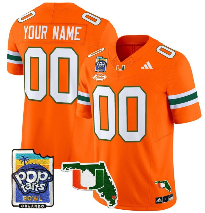 Custom Adidas Miami Hurricanes Jersey Name, Number 2025 PopTarts Bowl Patch College NCAA Football Orange
