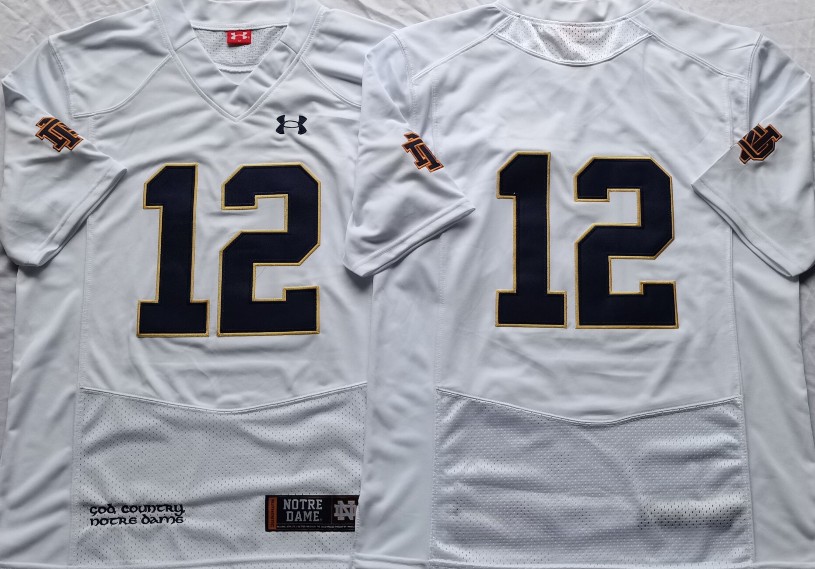 Men's Under Armour #12 White Notre Dame Fighting Irish NCAA Football Stitched  Jersey