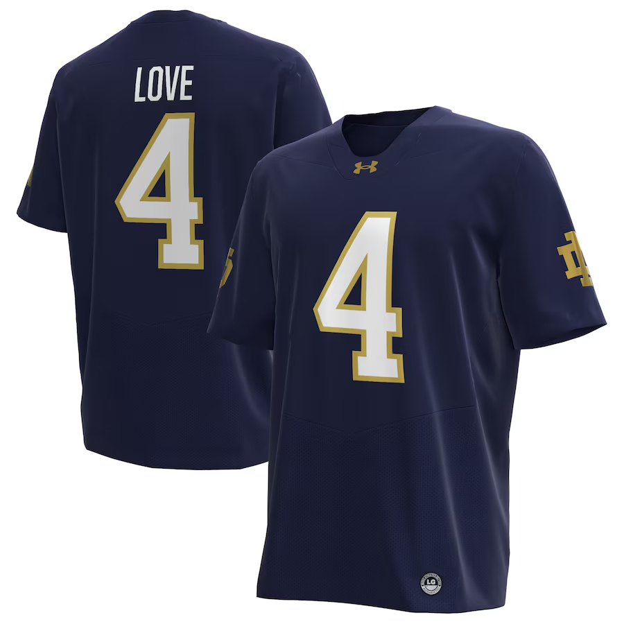 Men's Under Armour #4 Jeremiyah Love Navy Notre Dame Fighting Irish NIL Football Replica Stitched Jersey