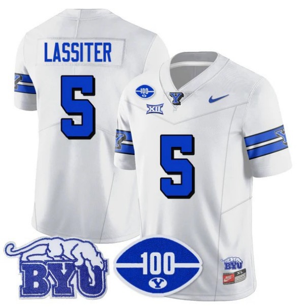 Men's BYU Cougars #5 Darius Lassiter 100th Season 2024 NCAA Football Nike Limited Vapor Stitched Jersey White 