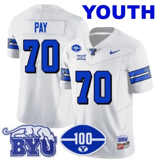 Youth BYU Cougars #70 Connor Pay 100th Season 2024 NCAA Football Nike Limited Vapor Stitched Jersey White 