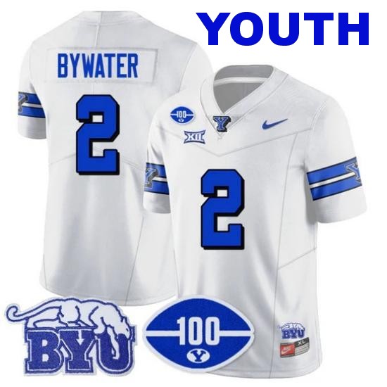 Youth BYU Cougars #2 Ben Bywater 100th Season 2024 NCAA Football Nike Limited Vapor Stitched Jersey White 