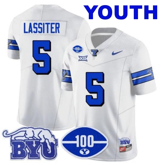 Youth BYU Cougars #5 Darius Lassiter 100th Season 2024 NCAA Football Nike Limited Vapor Stitched Jersey White 