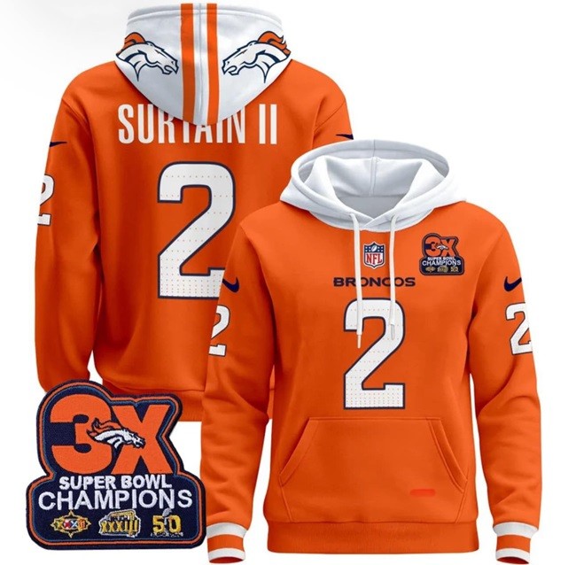 Men's Denver Broncos #2 Patrick Surtain II Orange With 3-Time Champions Patch Pullover Hoodie