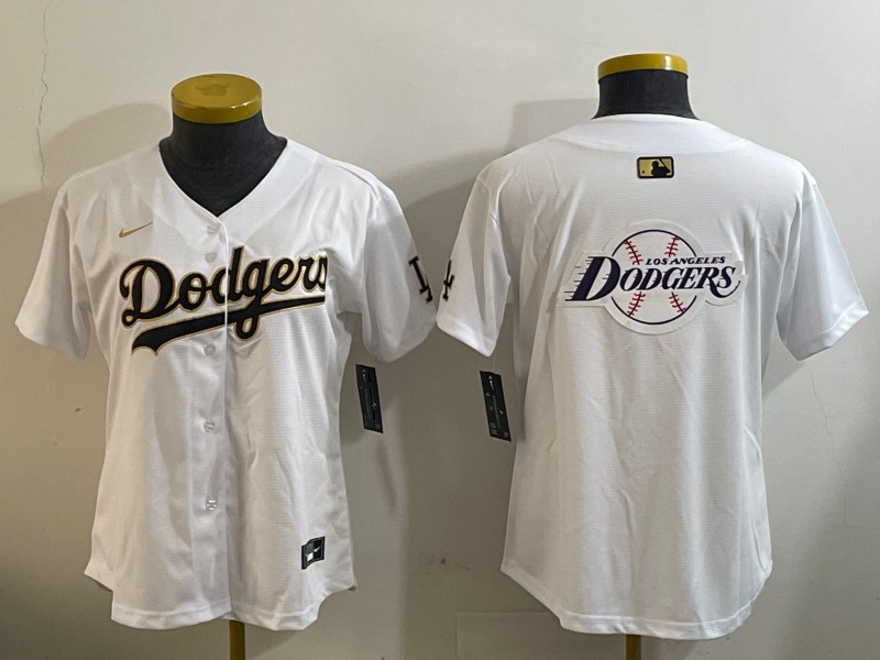 Women's Los Angeles Dodgers Team Big Logo White Gold Home Limited Stitched Baseball Jersey(Run Small)