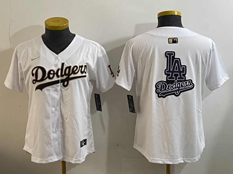 Women's Los Angeles Dodgers Team Big Logo White Gold Home Limited Stitched Baseball MLB Jersey(Run Small)