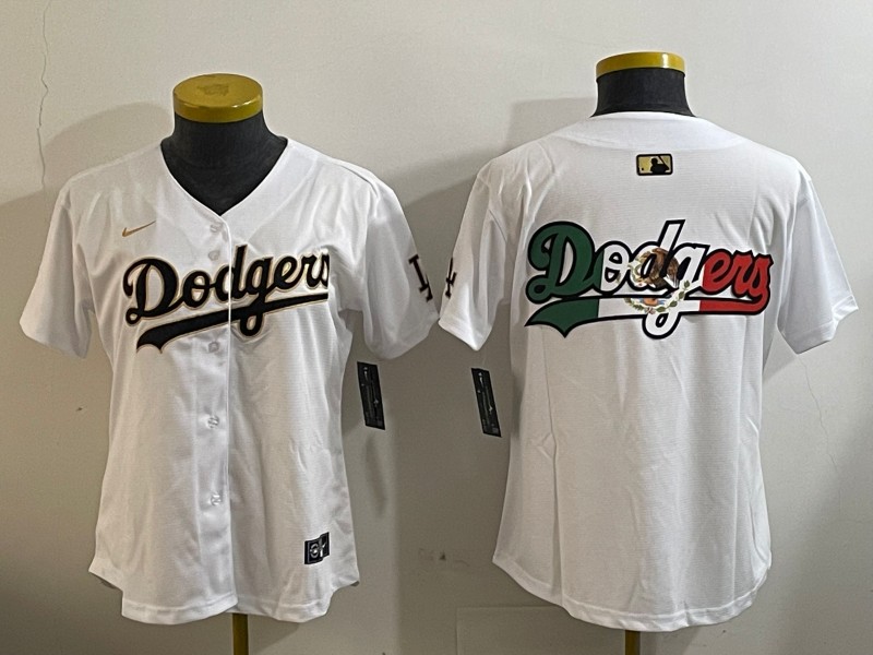 Women's Los Angeles Dodgers Team Big Logo White Gold Home Limited Stitched Baseball Jersey Mexico(Run Small)