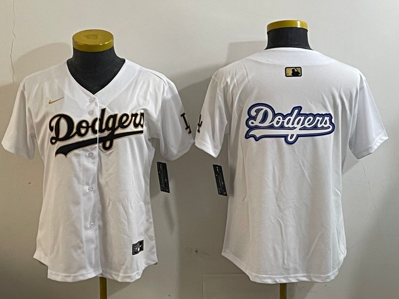 Women's Los Angeles Dodgers Team Big Logo White Gold Home Limited Stitched Baseball Jerseys(Run Small)