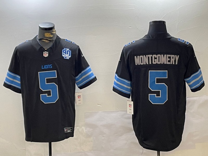 Men's Detroit Lions #5 David Montgomery Black 2nd Alternate With 90th Anniversary Patch 2024 F.U.S.E. Vapor Limited Stitched NFL Jersey