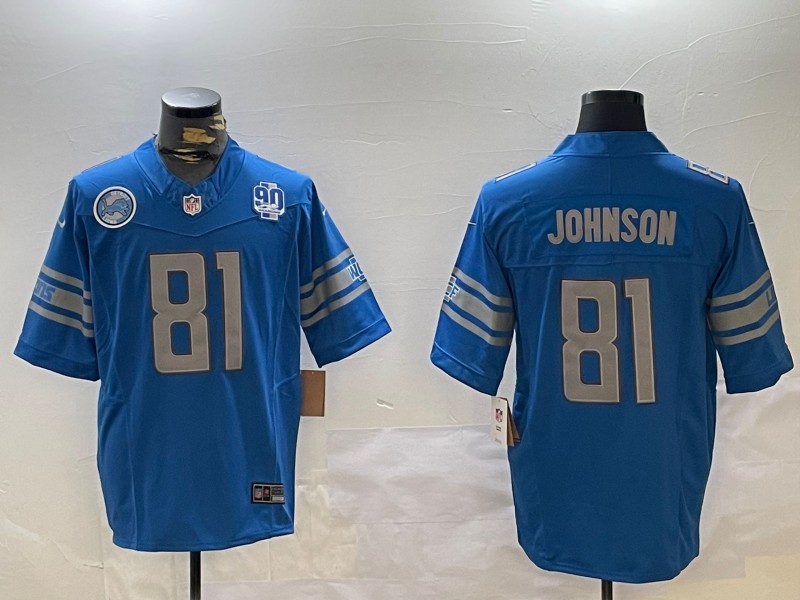 Men's Detroit Lions #81 Calvin Johnson Blue 90th Patch 2024 F.U.S.E. Vapor Nike Limited Stitched NFL Jerseys