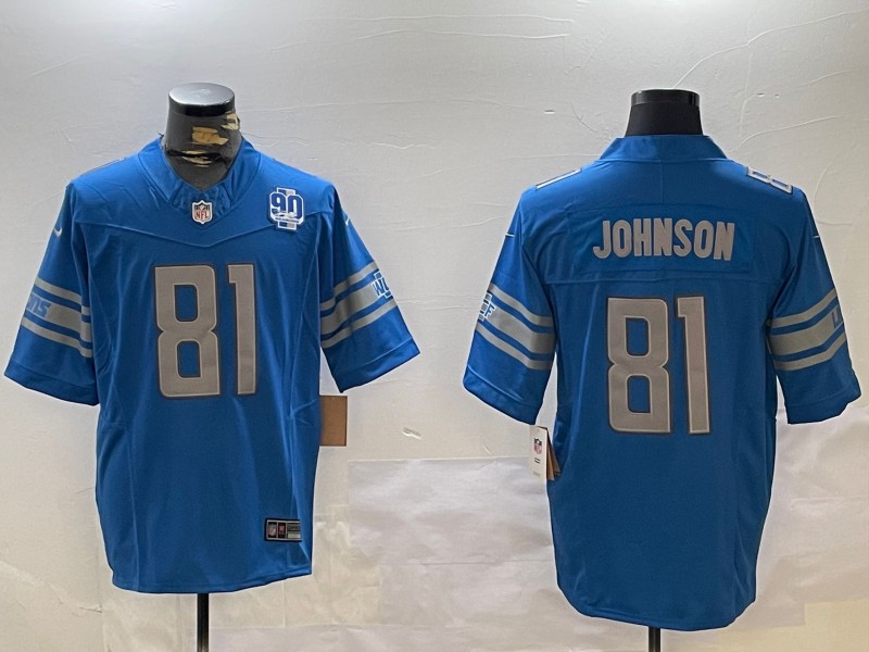 Men's Detroit Lions #81 Calvin Johnson Blue 90th Patch 2024 F.U.S.E. Vapor Nike Limited Stitched NFL Jersey