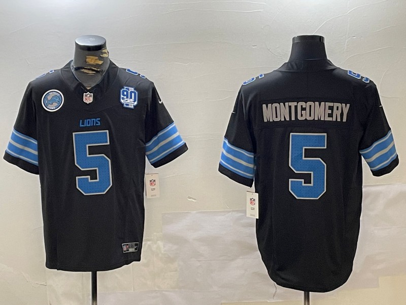 Men's Detroit Lions #5 David Montgomery Black 2nd Alternate With 90th Anniversary Patch 2024 F.U.S.E. Vapor Limited Stitched NFL Jerseys