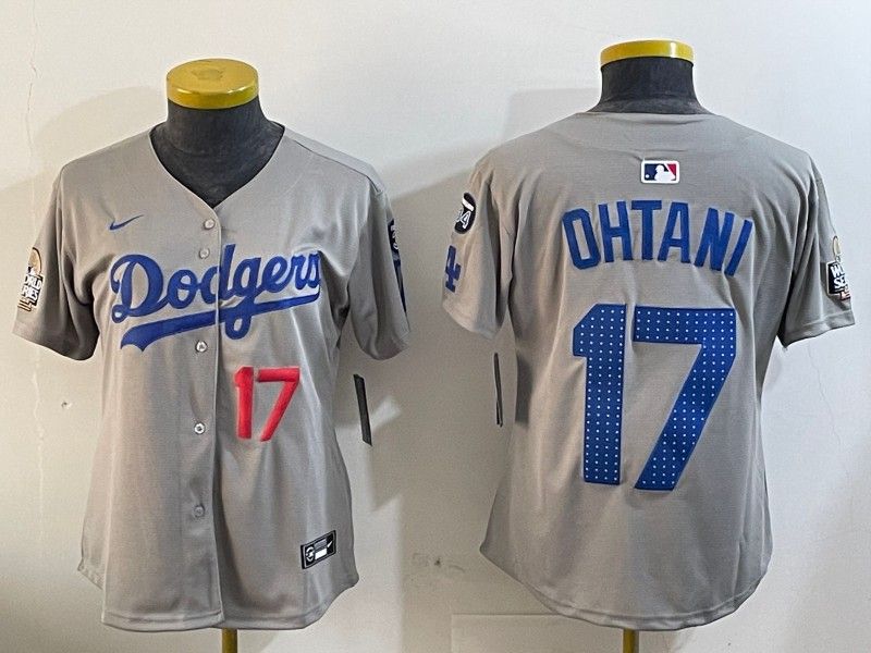 Women's Los Angeles Dodgers #17 Shohei Ohtani Grey 2024 World Series With Fernando Memorial Patch Limited Stitched Baseball Jersey