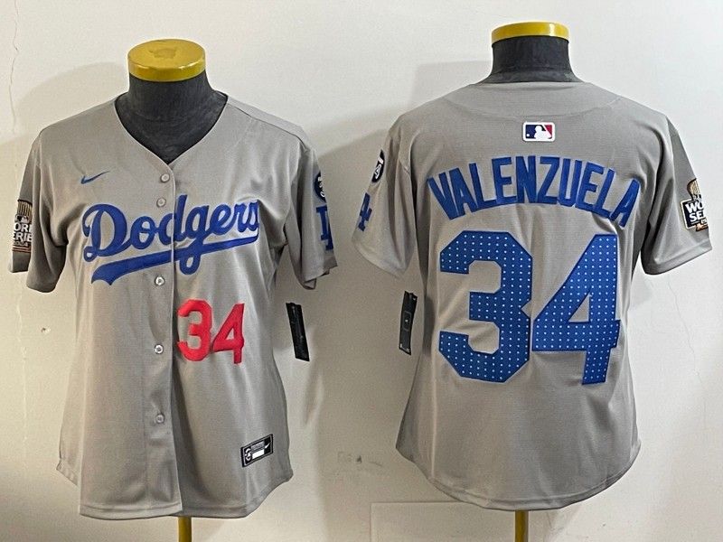 Women's Los Angeles Dodgers #34 Toro Valenzuela Grey 2024 World Series With Fernando Memorial Patch Limited Stitched Baseball Jersey