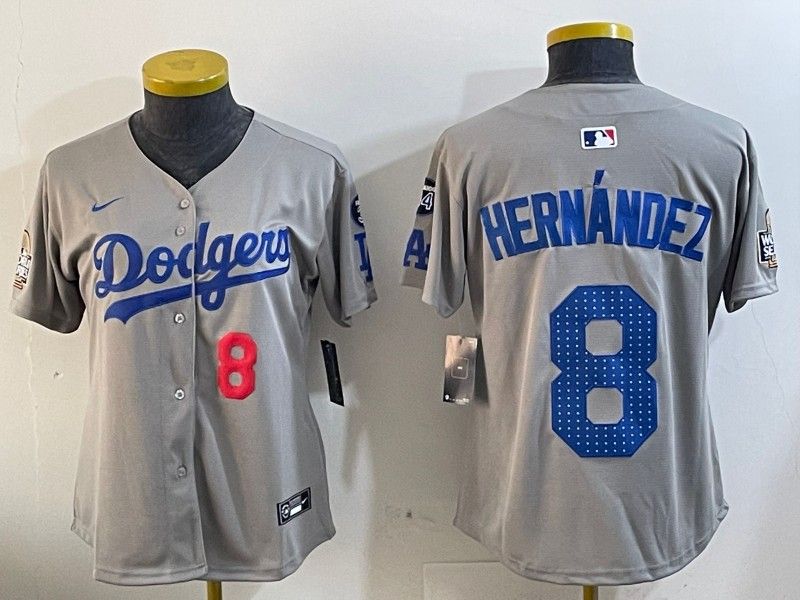 Women's Los Angeles Dodgers #8 Enrique Hernandez Grey 2024 World Series With Fernando Memorial Patch Limited Stitched Baseball Jersey