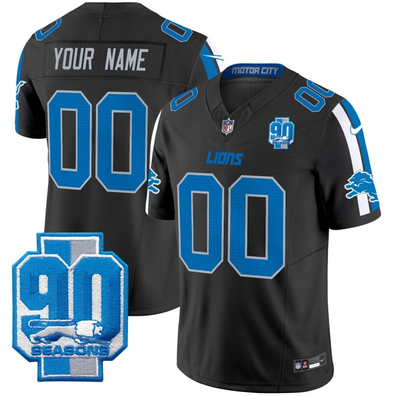Custom Nike Detroit Lions 90th Seasons Patch Black 2024 F.U.S.E. 2nd Alternate Vapor Limited NFL Stitched Jersey