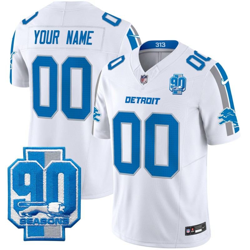 Custom Nike Detroit Lions 90th Seasons Patch White 2024 F.U.S.E. Vapor Limited NFL Stitched Jersey