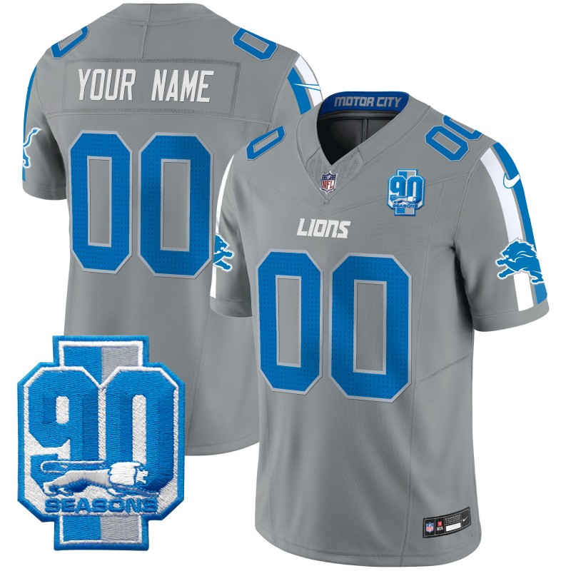 Custom Nike Detroit Lions 90th Seasons Patch Gery 2024 F.U.S.E. Vapor Limited NFL Stitched Jersey