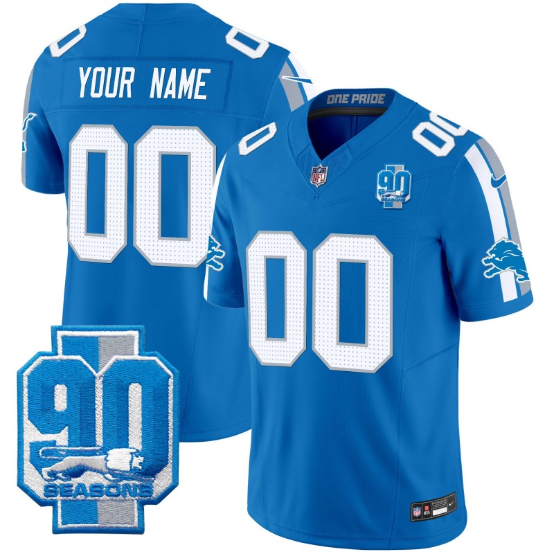 Custom Nike Detroit Lions 90th Seasons Patch Blue Home 2024 F.U.S.E. Vapor Limited NFL Stitched Jersey