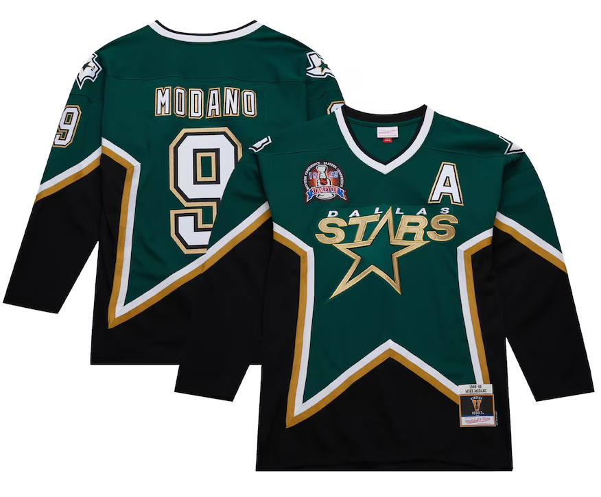 Men's Dallas Stars #9 Mike Modano Green Alternate Captain 1998-99 Stanley Cup Stitched Throwback Jersey