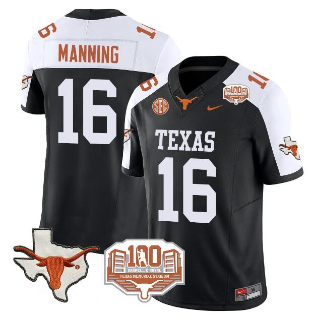 Men's Texas Longhorns #16 Arch Manning Black White F.U.S.E 100 years of Darrell K Royal Map & SEC Patch Stitched Jersey