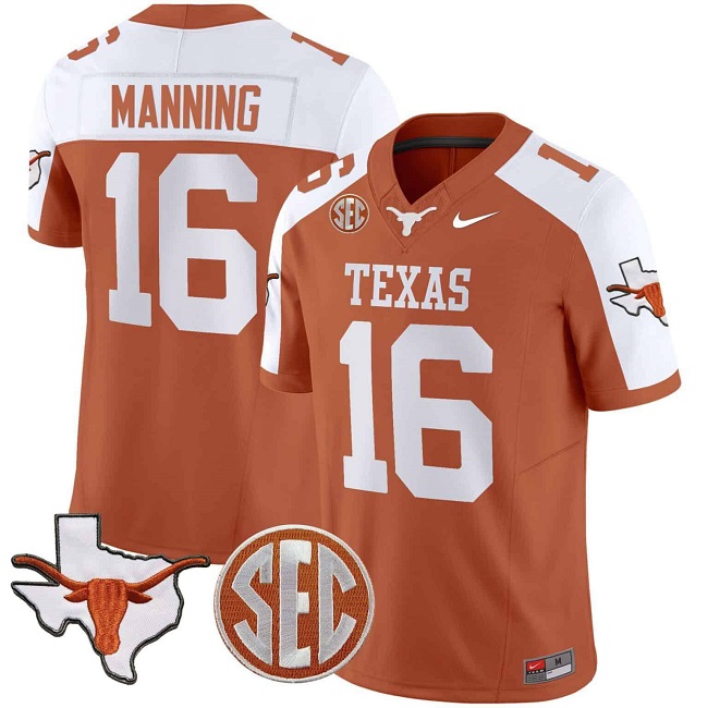 Men's Texas Longhorns #16 Arch Manning Orange White Map & SEC Patch F.U.S.E Stitched Jersey
