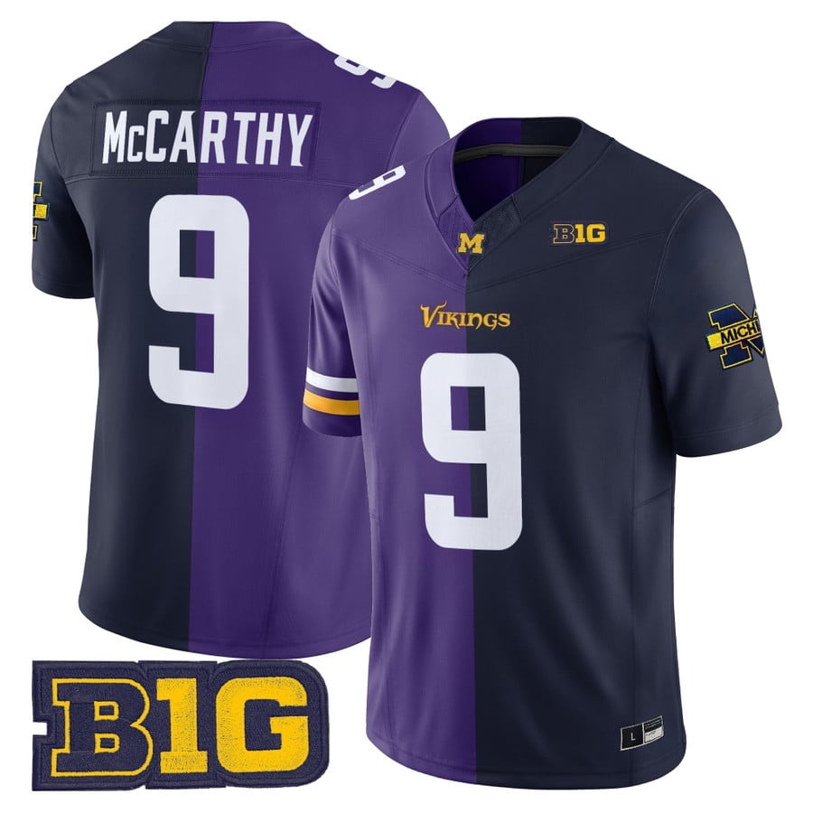 Men's Minnesota Vikings #9 J.J. McCarthy Split Michigan Wolverines Vapor Limited Stitched Jersey