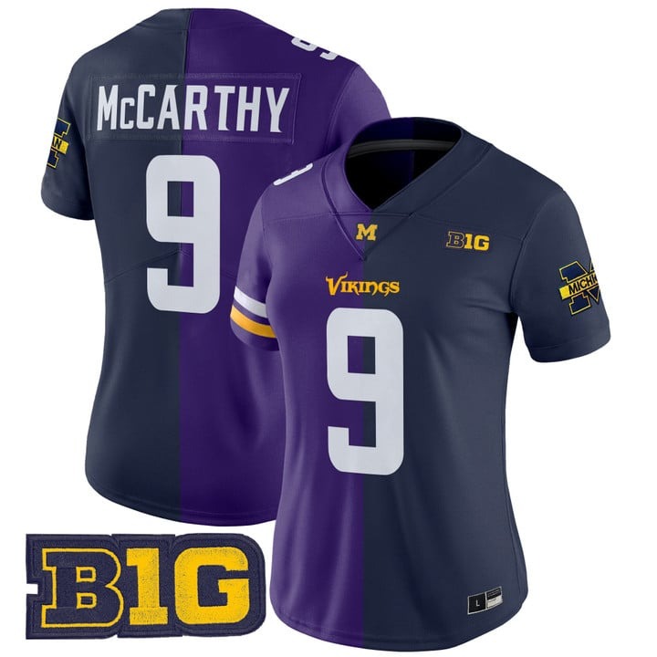 Women's Minnesota Vikings #9 J.J. McCarthy Split Michigan Wolverines Vapor Limited Stitched Jersey