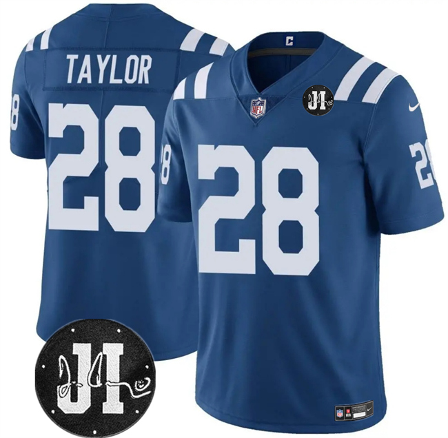 Men's Indianapolis Colts #28 Jonathan Taylor Blue Jim Irsay Patch Vapor Limited Stitched Jersey