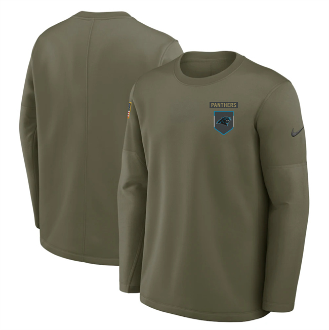 Men's Carolina Panthers Olive 2025 Salute to Service Sideline Coaches Therma-FIT Long Sleeve Shirt