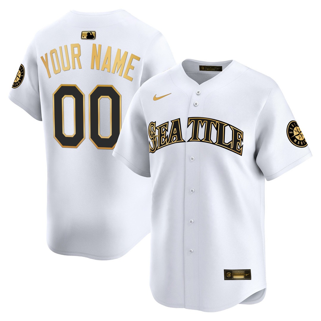 Men's Seattle Mariners Custom White Gold 2025 Vapor Premier Limited Stitched Baseball Jersey