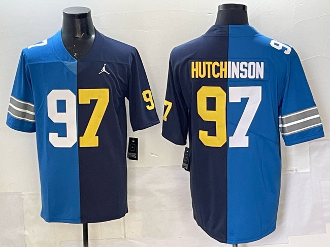 Men's Detroit Lions X Wolverines #97 Aidan Hutchinson Blue Navy Split Vapor Limited Stitched