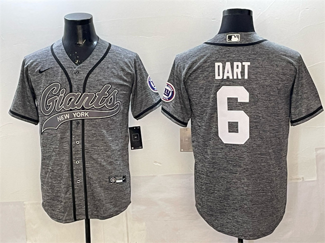 Men's New York Giants #6 Jaxson Dart Gray With Patch Cool Base Stitched Baseball Jersey