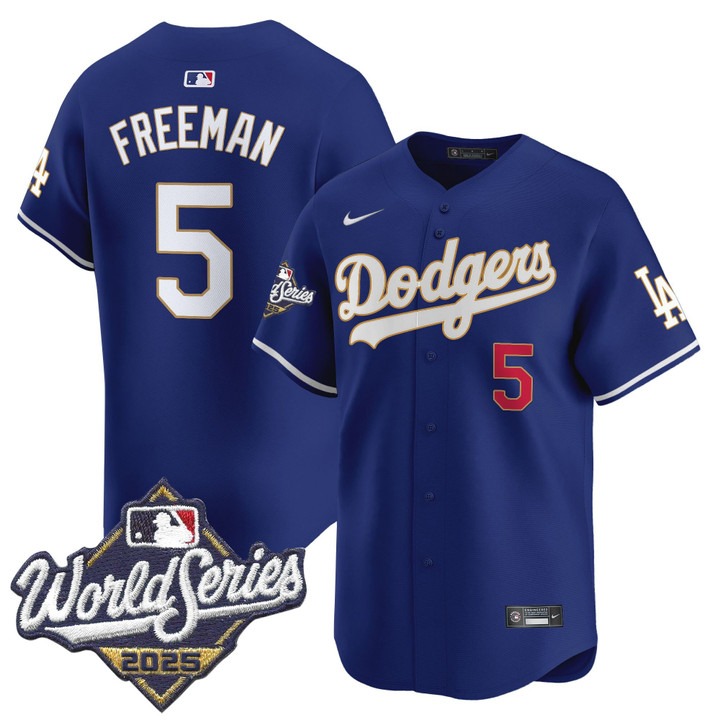 Men's Nike Dodgers #5 Freddie Freeman 2025 World Series Gold Trim Limited Stitched MLB Jersey Royal