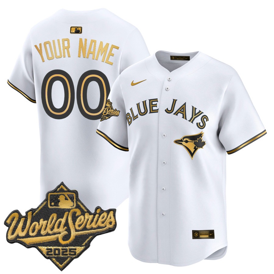 Men's Toronto Blue Jays Custom White Gold 2025 World Series Nike Limited Stitched Jersey