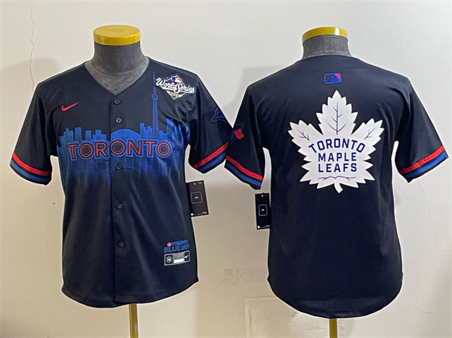 Youth Toronto Blue Jays & Leafs Black 2025 World Series City Connect With White Leafs Logo Limited Stitched Baseball Jersey