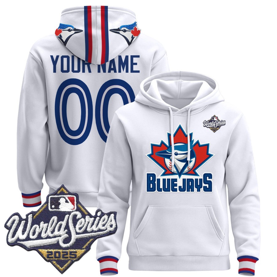 Men's Toronto Blue Jays Custom White 2025 World Series Premium Stitched Pullover Hoodie