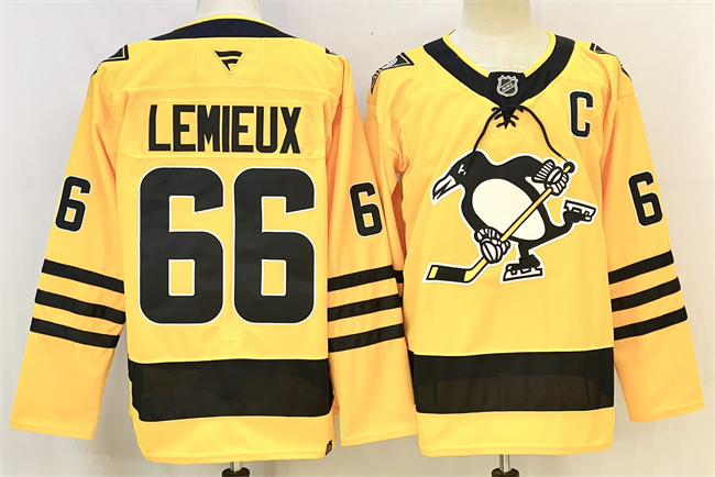 Men's Pittsburgh Penguins #66 Mario Lemieux Gold 2025/26 With C Patch Alternate Stitched Hockey Jersey