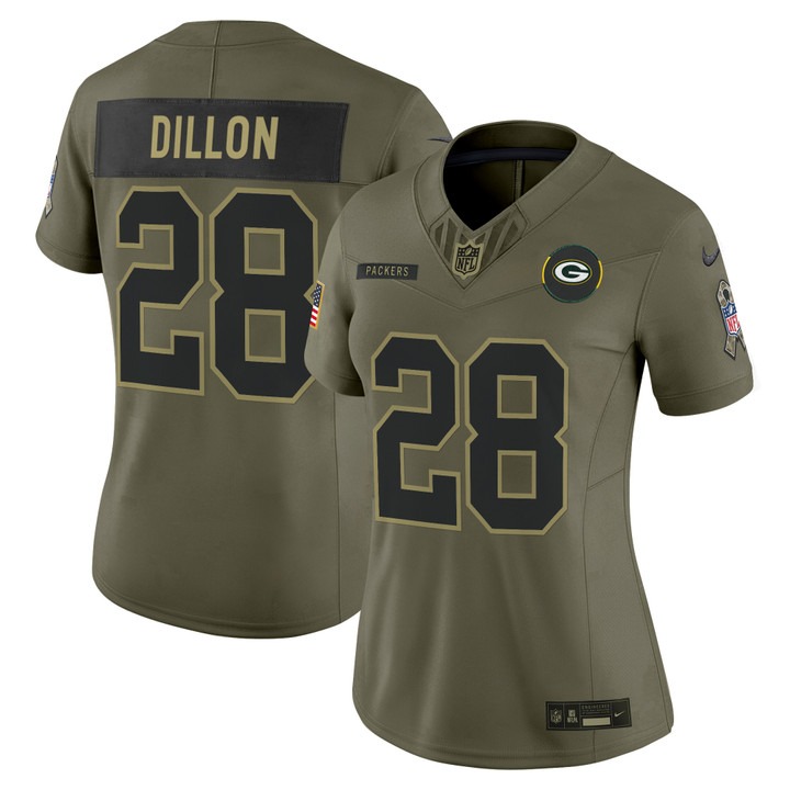Women's Green Bay Packers #28 AJ Dillon Olive F.U.S.E. 2025 Salute to Service Vapor Limited Stitched Jersey