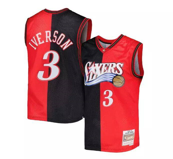 Men's Philadelphia 76ers #3 Allen Iverson Split Red Black 2000-01 Stitched basketball Jersey