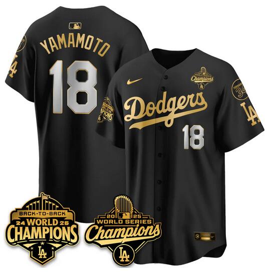 Youth Los Angeles Dodgers #18 Yoshinobu Yamamoto Black Gold 2025 World Series Champions & Back to Back Champions With No.34 Patch Limited Stitched Baseball Jersey