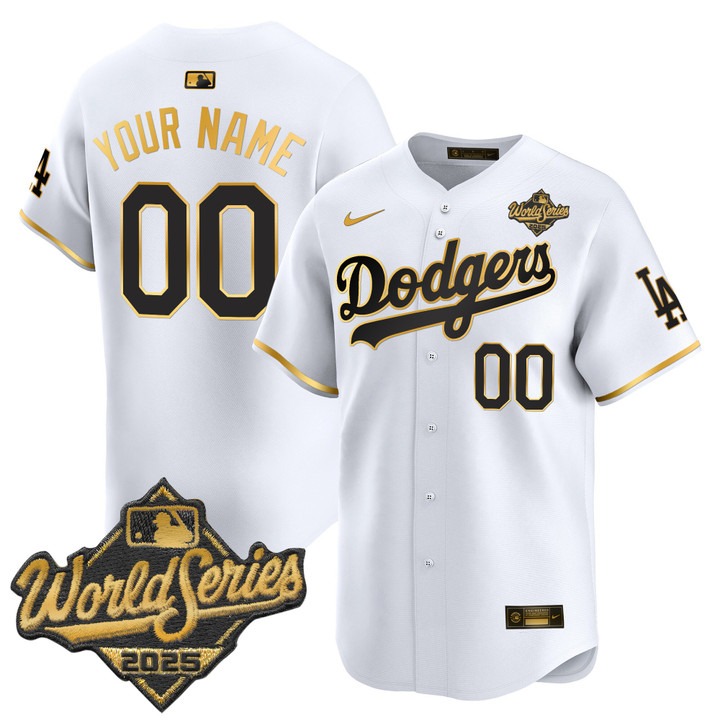 Men's Nike LA Dodgers Custom 2025 World Series Limited V2 Stitched Jersey White Gold