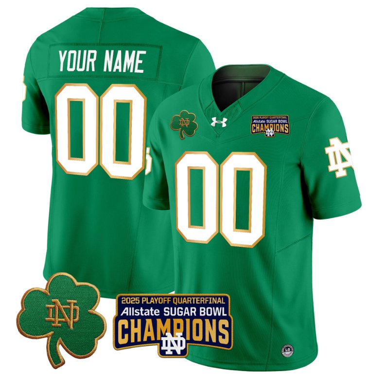 Men's Notre Dame ACTIVE PLAYER Custom 2025 Playoff Sugar Bowl Champions Patch Green Stitched Jersey