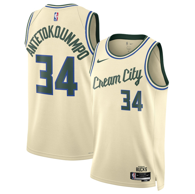 Men's Milwaukee Bucks #34 Giannis Antetokounmpo Cream 2025-26 City Edition Stitched Basketball Jersey