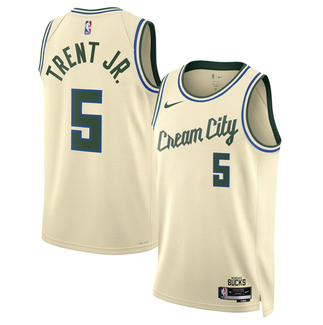 Men's Milwaukee Bucks #5 Gary Trent Jr. Cream 2025-26 City Edition Stitched Basketball Jersey