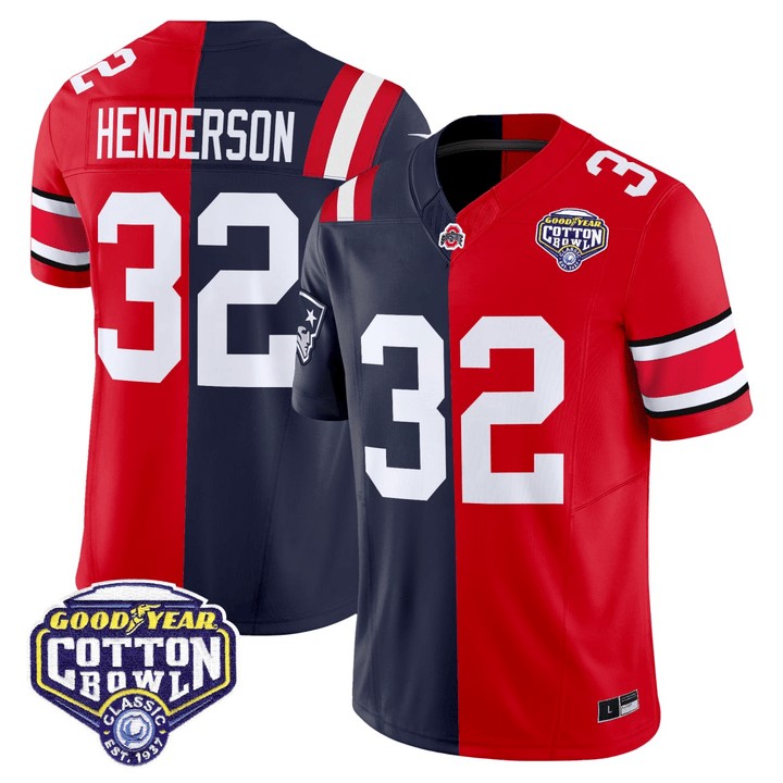 Men's OSU football Patriots #32 TreVeyon Henderson Split F.US.E. Vapor Limited Stitched Jersey Blue Red